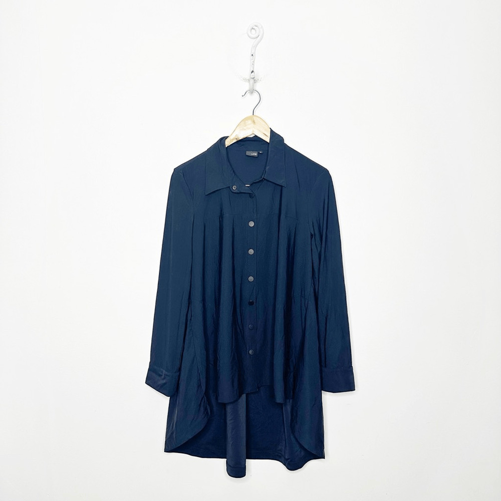 LISA BAYNE Collared Shirt Tail Hem Button Up Tunic Black Lagenlook Boxy womens S